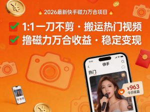 2026年最新快手磁力万合项目，1比1一刀不剪搬运热门视频，撸磁力万合收益-项目联盟