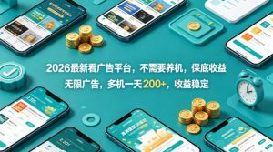 2026最新看广告平台，不需要养机，保底收益，无限广告，多机一天200+，收益稳定【揭秘】-项目联盟