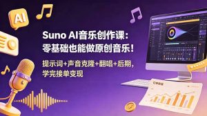Suno AI音乐创作课：零基础也能做原创音乐！提示词+声音克隆+翻唱+后期，学完接单变现-项目联盟